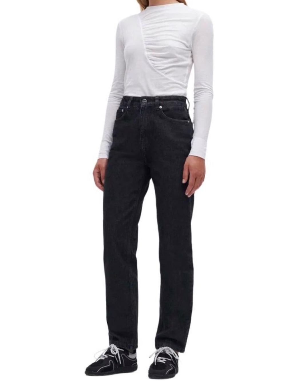 Ganni Black Washed Charcoal Denim High Waisted Straight Leg Edgy Cool Jeans Sz27